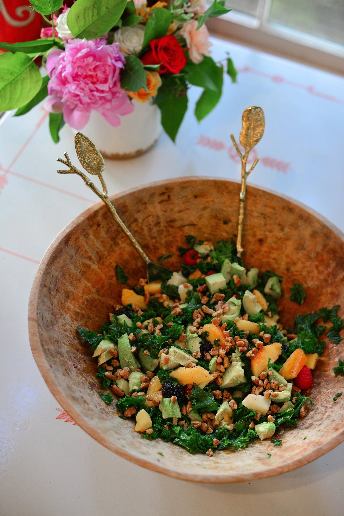 Kale Salad with Pecans and Peaches