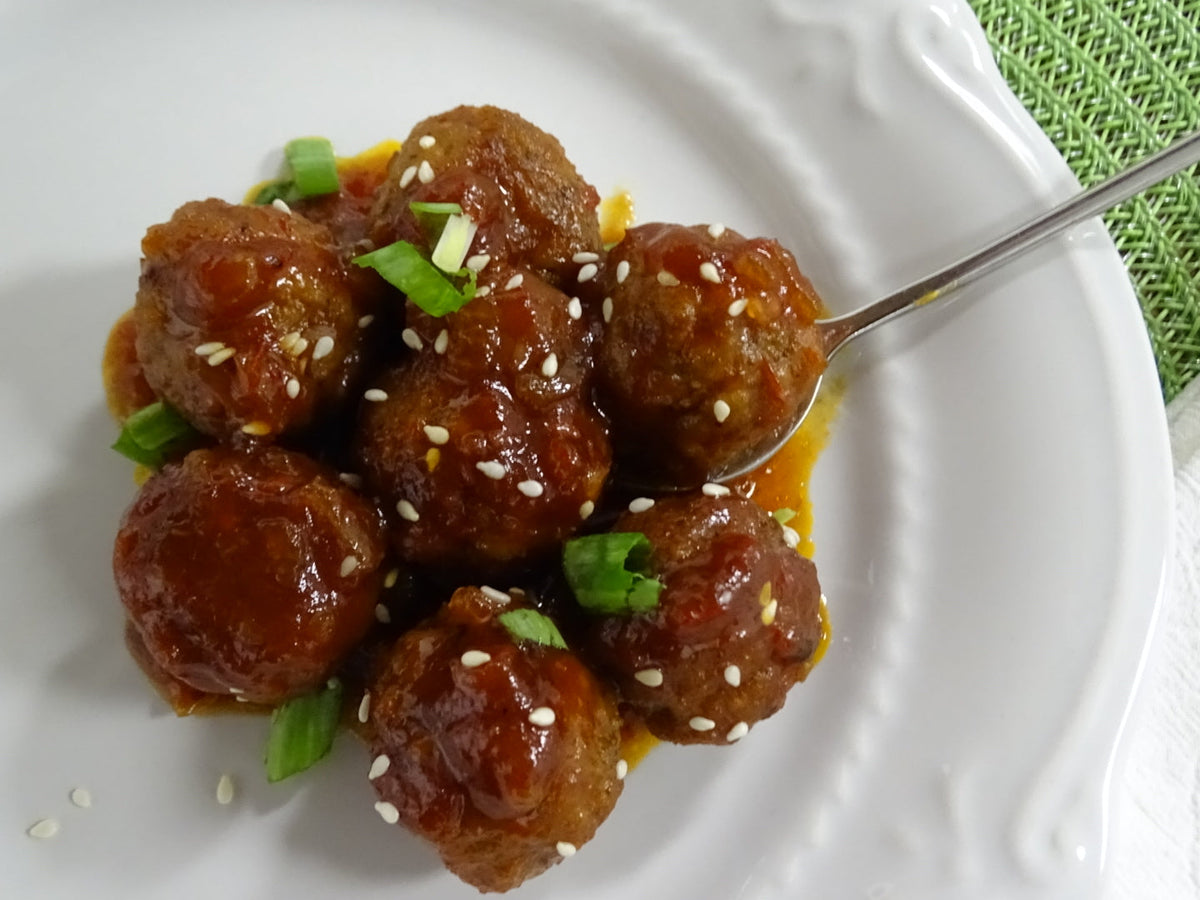 Crockpot Peach Glazed Meatballs