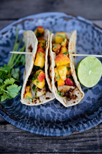 Cilantro Peach Salsa and Grilled Fish Tacos
