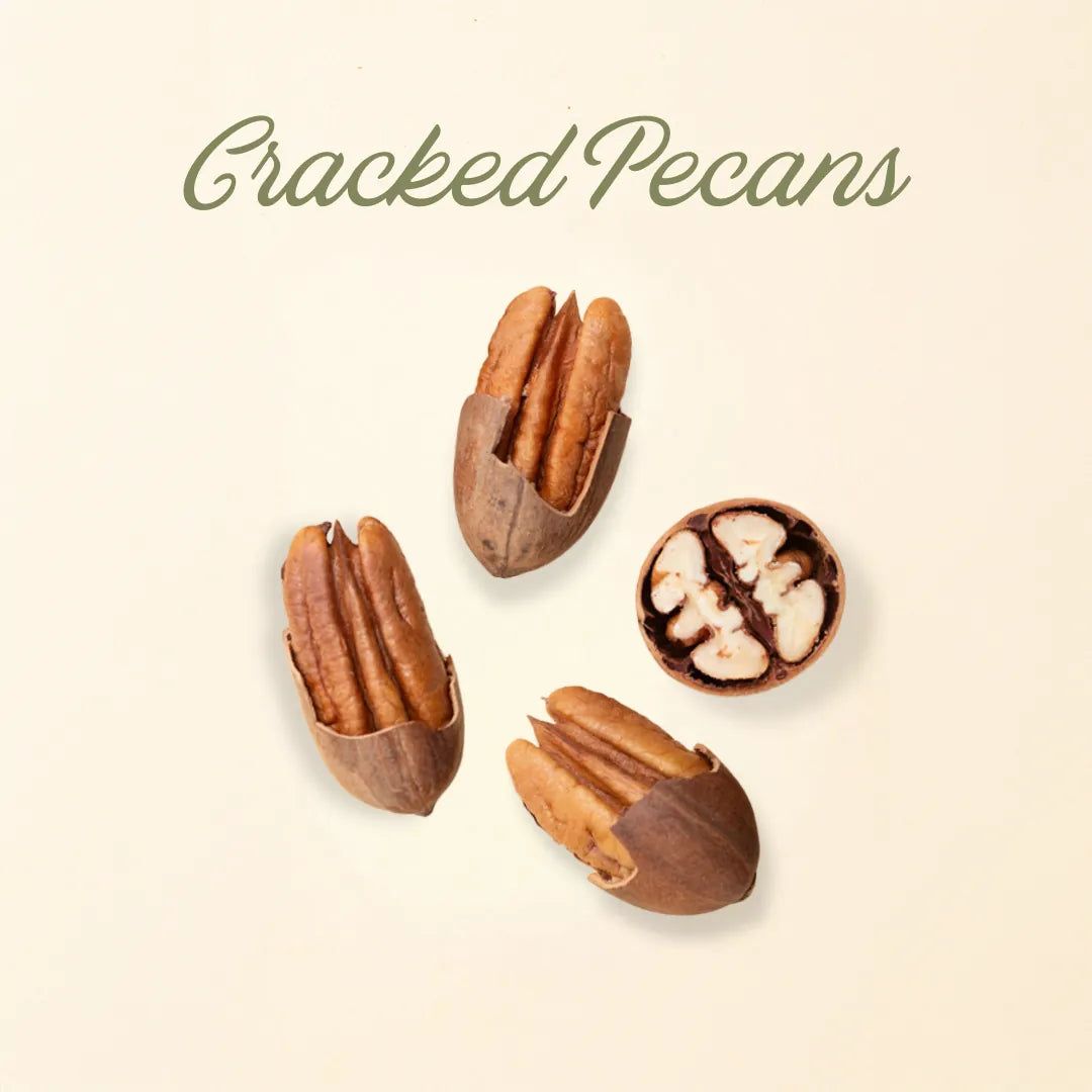 Cracked pecans on a beige background with 'Cracked Pecans' text.