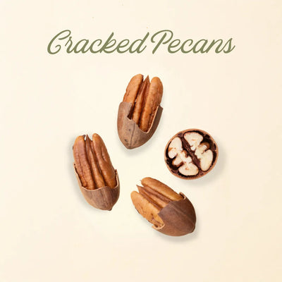 Cracked pecans on a beige background with 'Cracked Pecans' text.